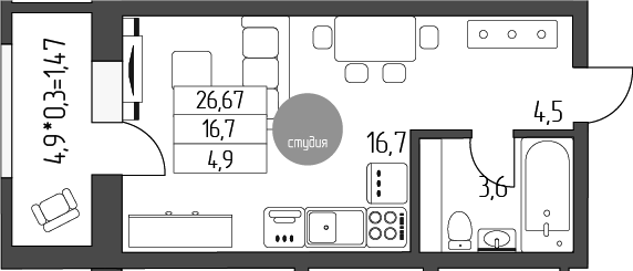 Студия, 25.2 м², 5/5 этаж, ЖК «Лермонтов»