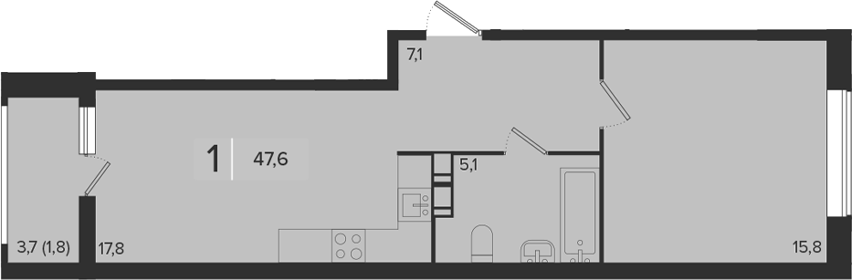 1-комн., 45.8 м², 3/9 этаж, ЖК «Эрмитаж»