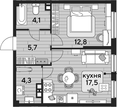 1-комн., 44.4 м², 9/19 этаж, ЖК «DОГМА ПАРК»