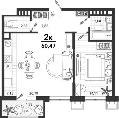 Продается 1-комн. квартира, 56.09 м²