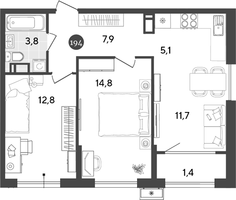 3-комн., 56.1 м², 15/18 этаж, ЖК «Порто-Ново»