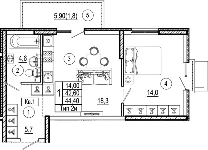 1-комн., 42.6 м², 1/7 этаж, ЖК «Аnapolis Residence»