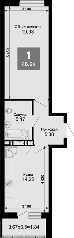 1-комн., 44.8 м², 15/15 этаж, ЖК «Лучший»