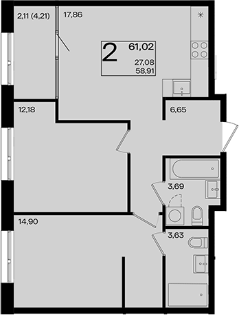 3-комн., 58.91 м², 2/9 этаж, ЖК «Патрики»