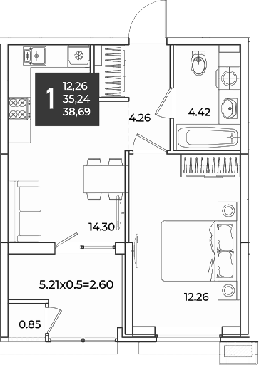 1-комн., 35.24 м², 2/18 этаж, ЖК «Образцово»