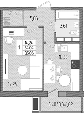 1-комн., 34.04 м², 4/8 этаж, ЖК «Сады у моря»