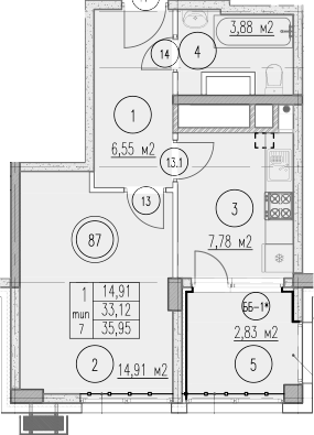 1-комн., 33.12 м², 5/10 этаж, ЖК «Agoy Park Residence by Lavicon»