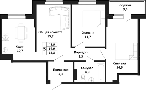 3-комн., 64.9 м², 2/4 этаж, ЖК «Южные Соседи»