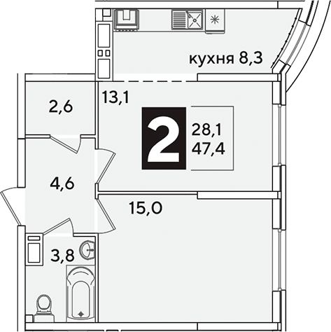 2-комн., 47.4 м², 10/16 этаж, ЖК «Самолет»