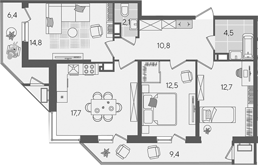 4+ комнаты, 75.1 м², 23/24 этаж, ЖК «Рекорд»