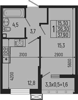1-комн., 36.3 м², 2/7 этаж, ЖК «Звезды»