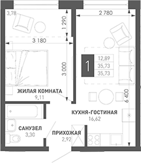 1-комн., 31.95 м², 15/18 этаж, ЖК «Иначе в Молодежном»