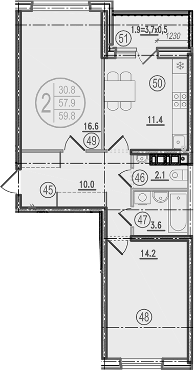 2-комн., 57.9 м², 7/9 этаж, ЖК «Спортивная деревня»
