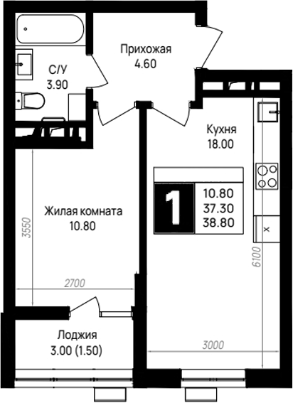 1-комн., 37.3 м², 7/9 этаж, ЖК «На высоком берегу»