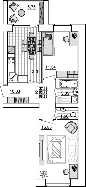 2-комн., 53.13 м², 4/5 этаж, ЖК «Новый Город. СЗ Премьерстрой»