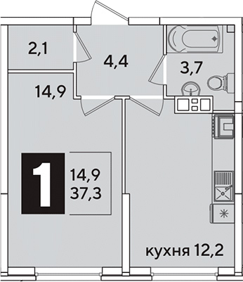1-комн., 37.3 м², 3/16 этаж, ЖК «Самолет»
