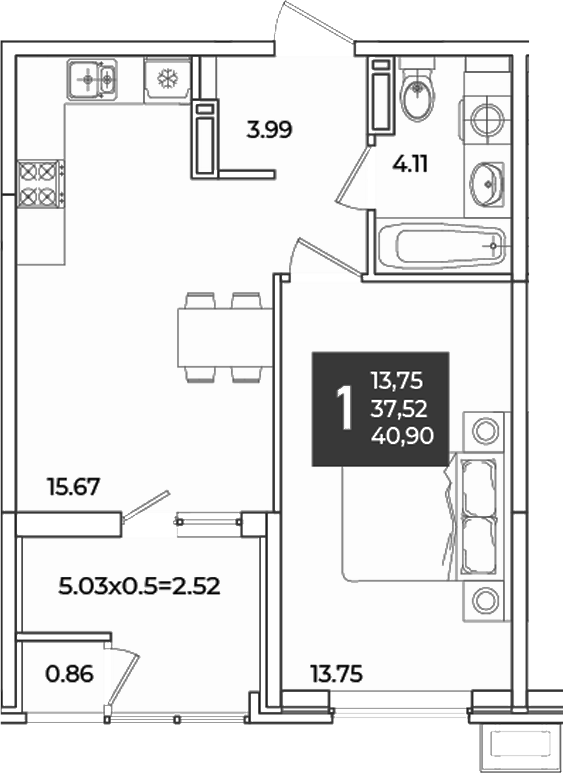 1-комн., 37.52 м², 13/18 этаж, ЖК «Образцово»
