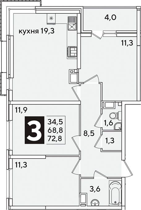 4+ комнаты, 68.8 м², 10/16 этаж, ЖК «Самолет»