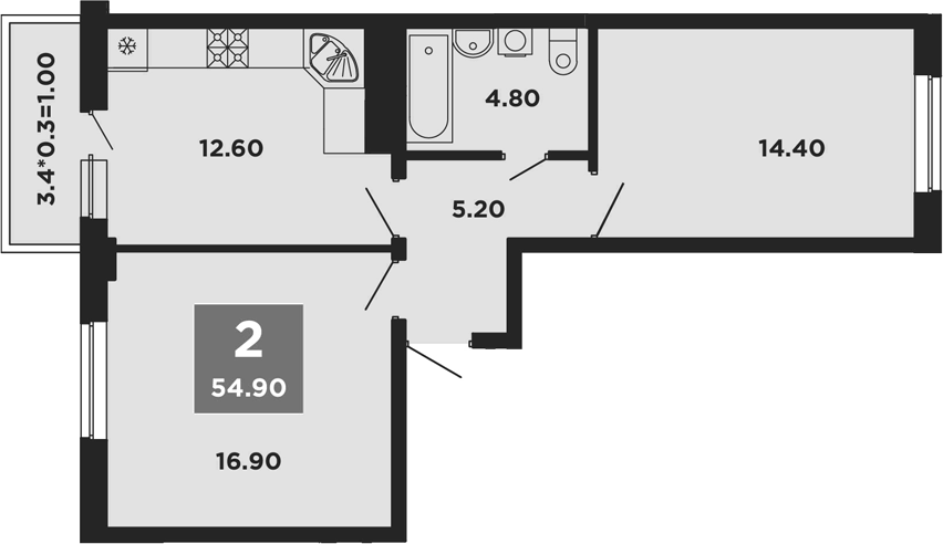 2-комн., 53.9 м², 7/9 этаж, ЖК «НЕО-квартал Красная площадь»