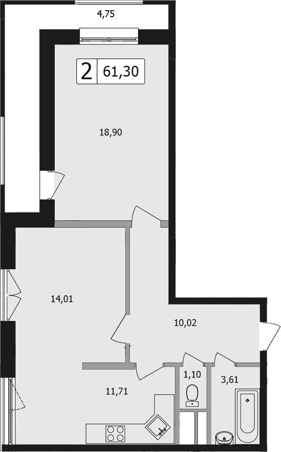 Продается 2-комн. квартира, 59.5 м²