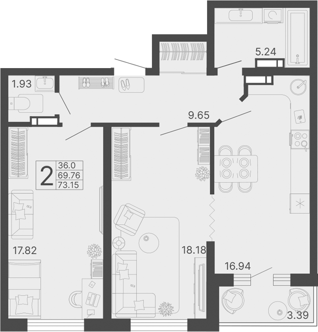 2-комн., 69.76 м², 5/17 этаж, ЖК «Светский лес»