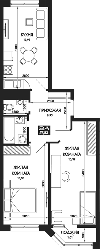 2-комн., 56.82 м², 3/16 этаж, ЖК «Вершины. ГК Смена»