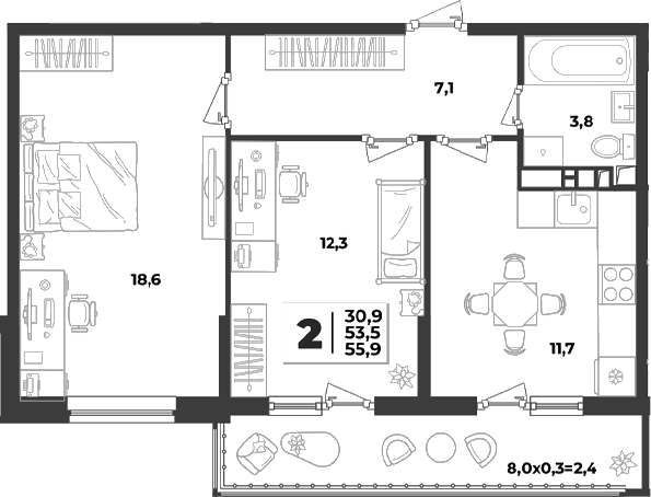 2-комн., 53.5 м², 4/9 этаж, ЖК «Лето»