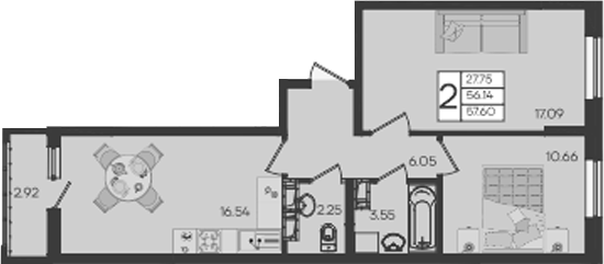 2-комн., 56.14 м², 9/18 этаж, ЖК «Дом 101»
