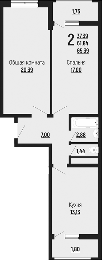 2-комн., 61.84 м², 6/24 этаж, ЖК «Славянка»