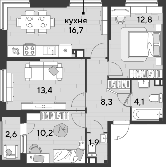 3-комн., 67.4 м², 5/16 этаж, ЖК «DОГМА ПАРК»