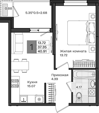 1-комн., 37.35 м², 2/8 этаж, ЖК «МОНО квартал»