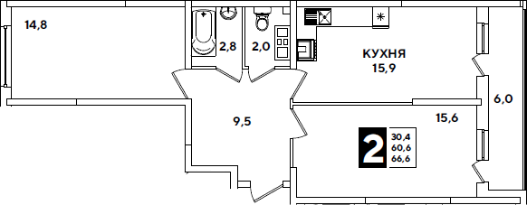3-комн., 60.6 м², 3/16 этаж, ЖК «Самолет»