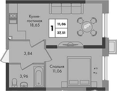 1-комн., 37.51 м², 3/9 этаж, ЖК «Зеленая территория»