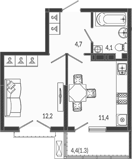 1-комн., 32.4 м², 12/12 этаж, ЖК «Флора»