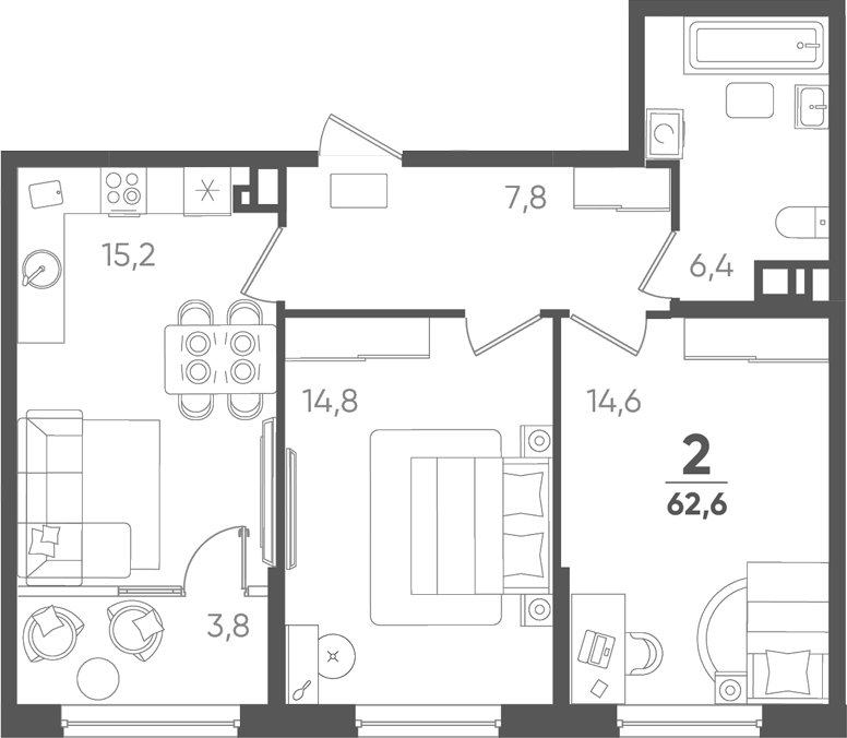2-комн., 58.8 м², 6/9 этаж, ЖК «Барса»