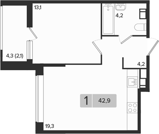 1-комн., 40.8 м², 5/18 этаж, ЖК «Эрмитаж»