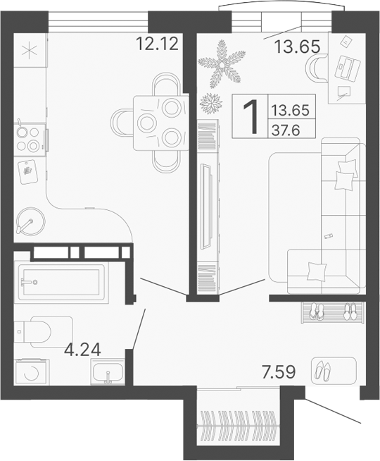 1-комн., 37.6 м², 3/13 этаж, ЖК «Светский лес»