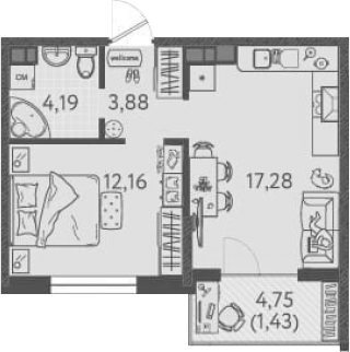 1-комн., 37.51 м², 8/9 этаж, ЖК «Друзья»