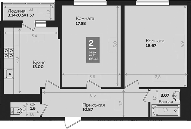 2-комн., 64.88 м², 18/24 этаж, ЖК «Левада»