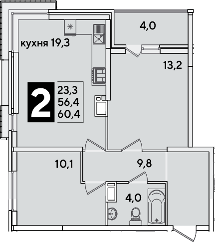 3-комн., 56.4 м², 13/16 этаж, ЖК «Самолет»