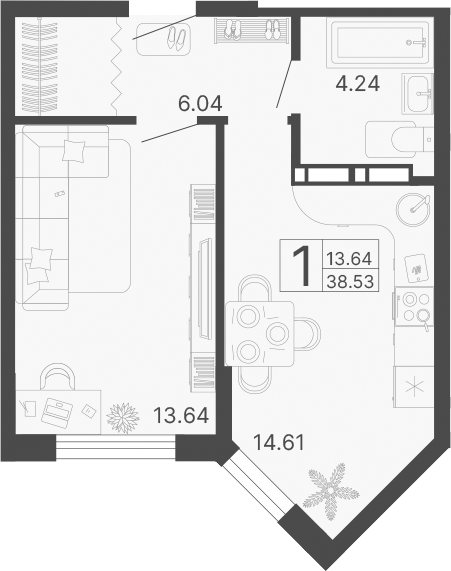 1-комн., 38.53 м², 20/20 этаж, ЖК «Светский лес»