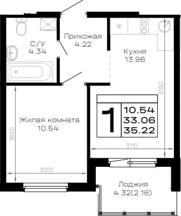 1-комн., 33.06 м², 2/4 этаж, ЖК «Усадьба Гостагаевская»
