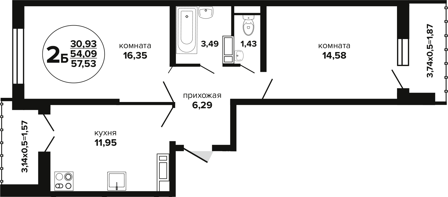 2-комн., 54.09 м², 19/24 этаж, ЖК «Гулливер»