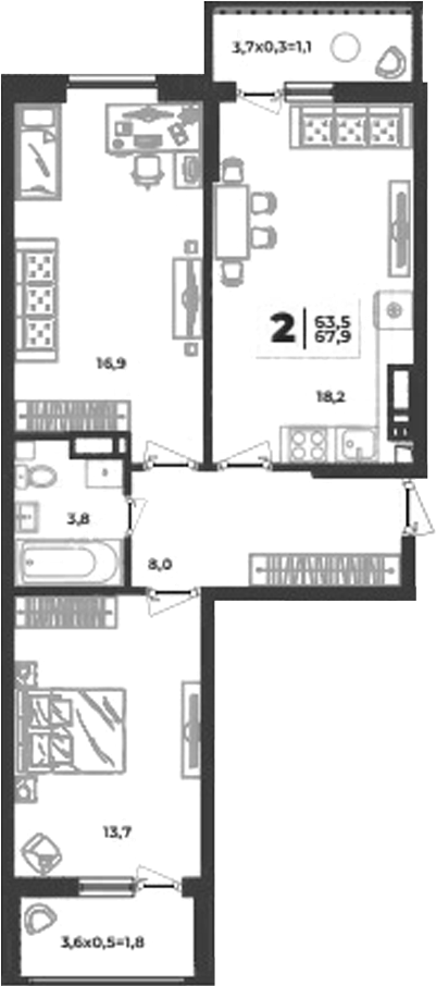 2-комн., 60.6 м², 4/9 этаж, ЖК «Лето»