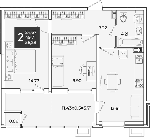 2-комн., 49.71 м², 8/18 этаж, ЖК «Образцово»