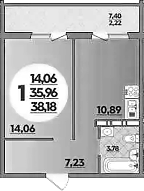 1-комн., 35.96 м², 1/16 этаж, ЖК «Восточный. Квартал №6»