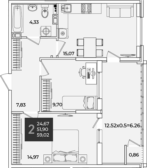 2-комн., 52.76 м², 5/18 этаж, ЖК «Образцово»
