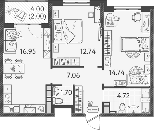 3-комн., 57.3 м², 8/9 этаж, ЖК «Друзья»