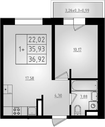 2-комн., 35.93 м², 2/8 этаж, ЖК «Мега 2»
