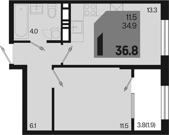 1-комн., 34.9 м², 15/18 этаж, ЖК «Первое место»